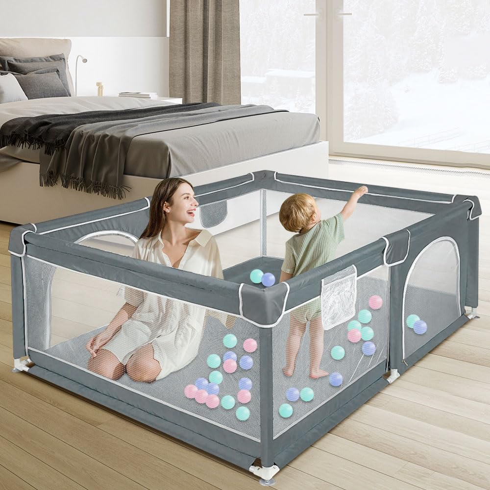 Laufstall Baby 120x160 cm – Baby Laufgitter aus Oxford Stoff mit Netz, rutschfest, mit Aufbewahrungs