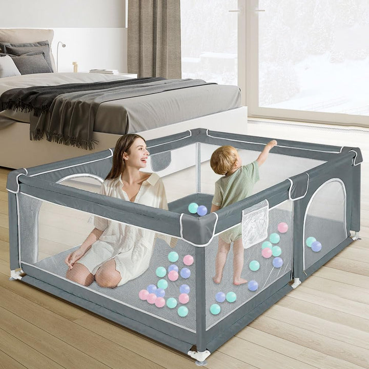 Laufstall Baby 120x160 cm – Baby Laufgitter aus Oxford Stoff mit Netz, rutschfest, mit Aufbewahrungs