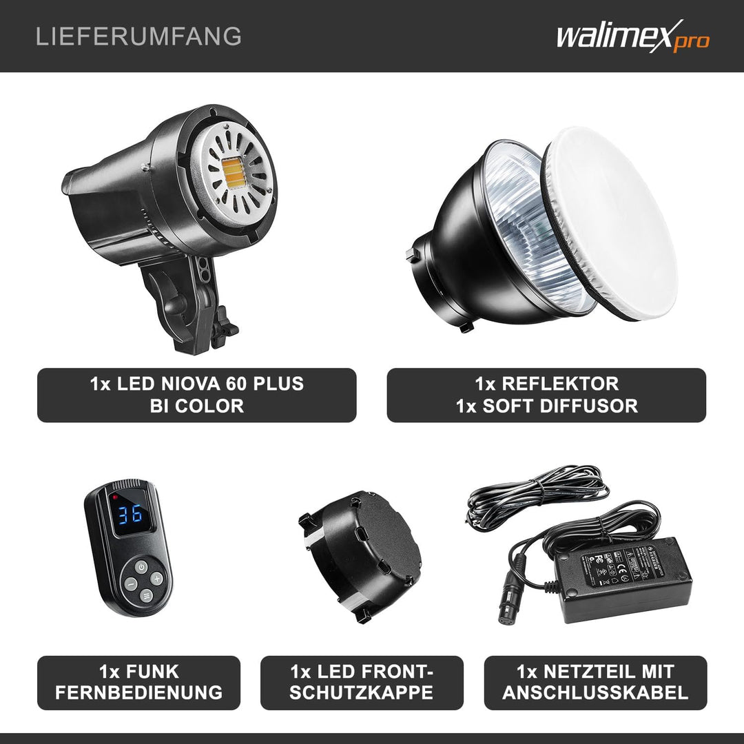 Walimex pro Niova 60 Plus Bi Color dimmbare LED Videoleuchte mit Bowens-Reflektor &amp; Soft Diffusor I