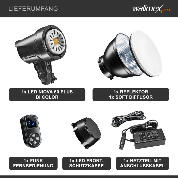 Walimex pro Niova 60 Plus Bi Color dimmbare LED Videoleuchte mit Bowens-Reflektor &amp; Soft Diffusor I