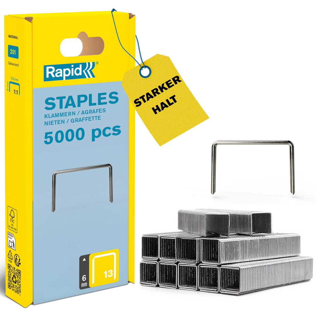 Rapid Tackerklammern Typ 13, 6mm Klammern, 5.000 Stk. Kunststoffbox, Feindrahtklammern für Holz und