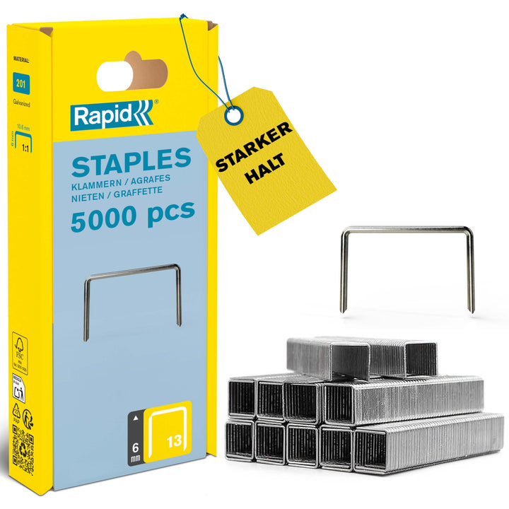 Rapid Tackerklammern Typ 13, 6mm Klammern, 5.000 Stk. Kunststoffbox, Feindrahtklammern für Holz und