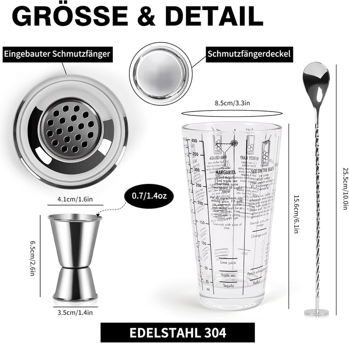 14oz Glas Cocktail Shaker Set, Margarita Mixer Shaker mit eingebautem Sieb und Messbecher & Mischlöf