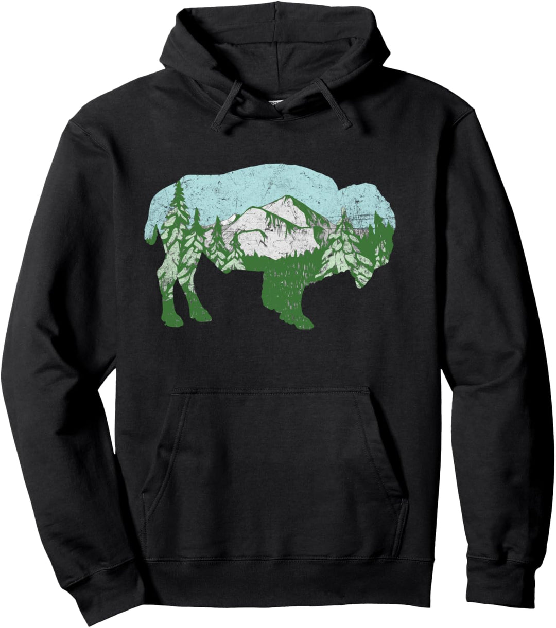 Rocky Mountains Nature Bison Design - Vintage Retro Pullover Hoodie