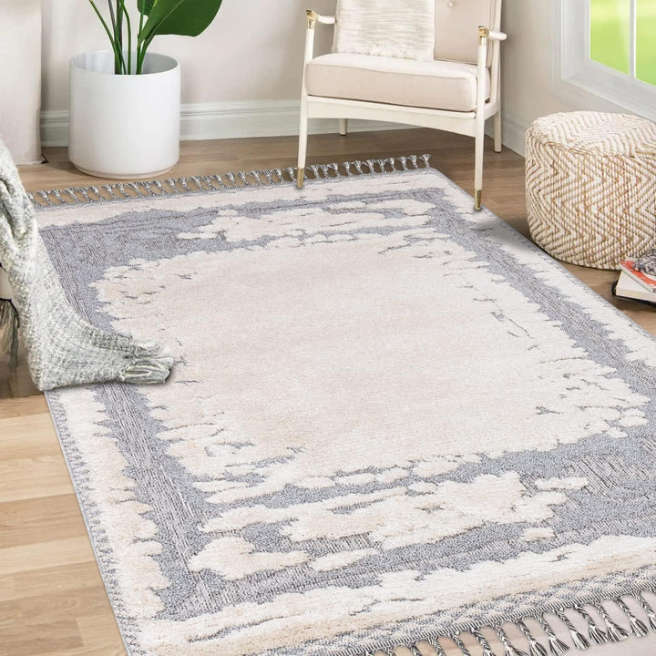 payé Teppich Wohnzimmer - Abstrak - 80x150cm - Creme Grau Blau - Fransen Deko Boho Flauschig - Cut &