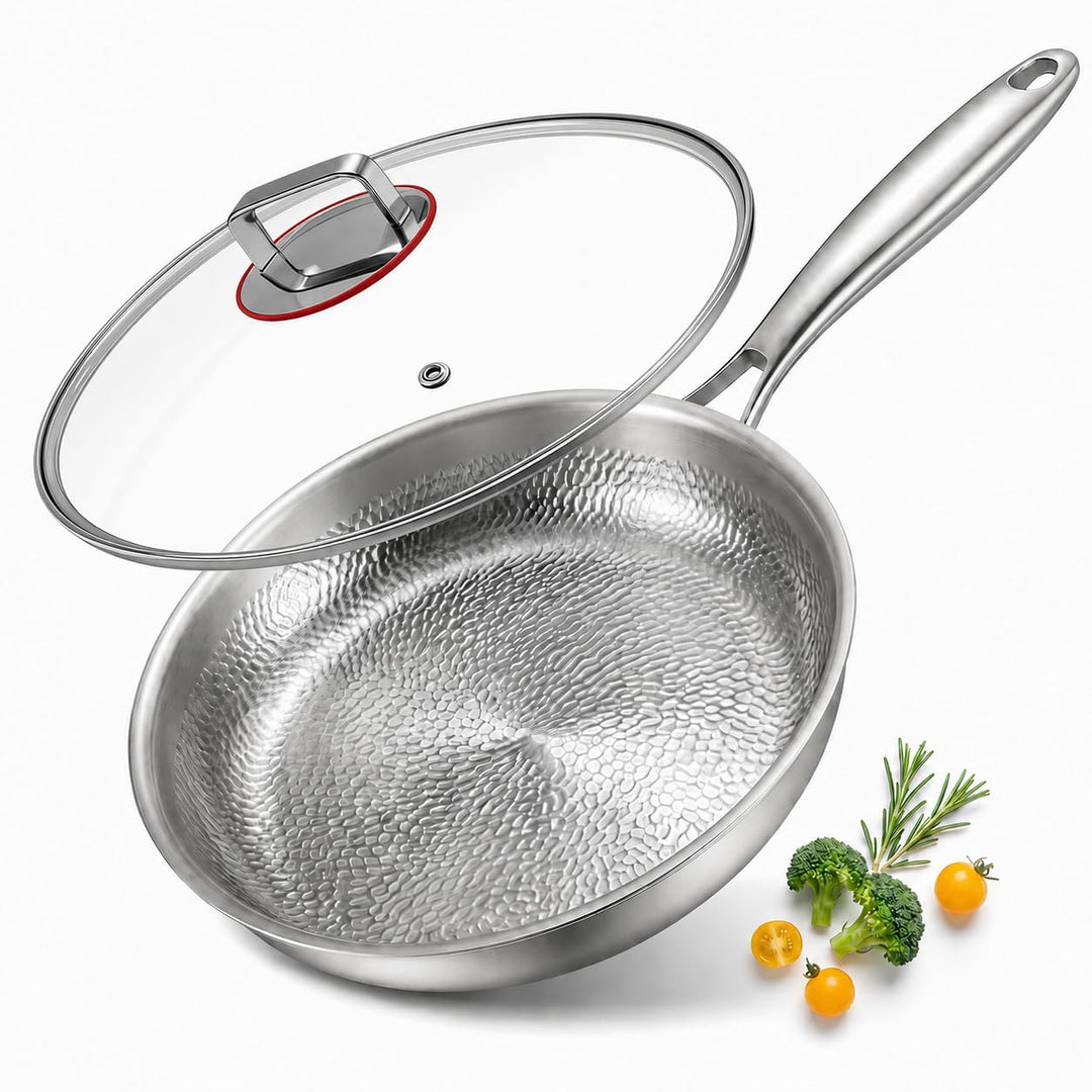 Titan Pfanne mit Deckel, 28cm Edelstahl Bratpfanne unbeschichtet | 18/10 Edelstahl, ohne PFOA &amp; PTFE