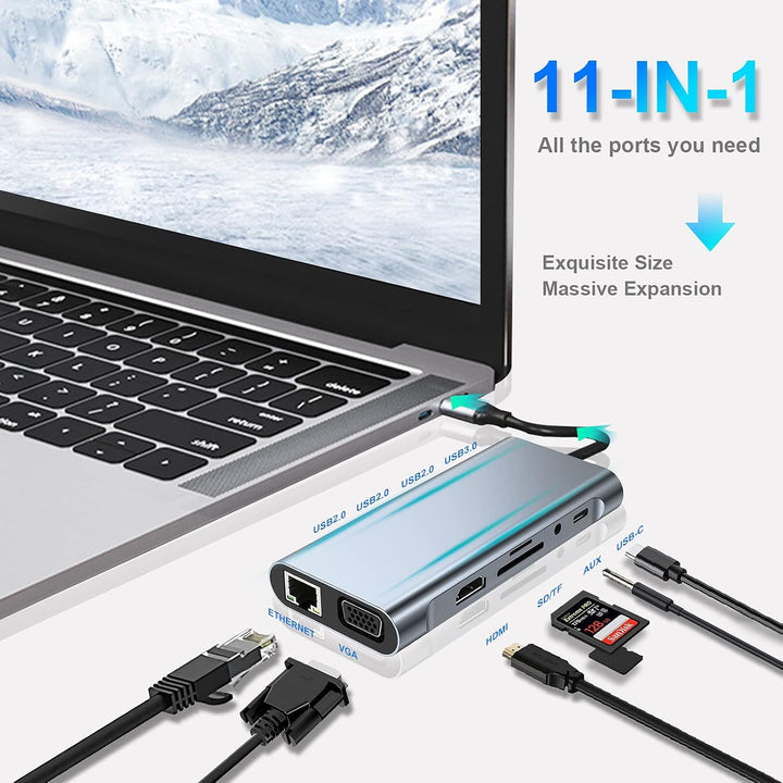 USB C HUB, Docking Station, 11-in-1 USB C Adapter mit 4K-HDMI, VGA, USB 3.0 Port, Type C PD, Etherne