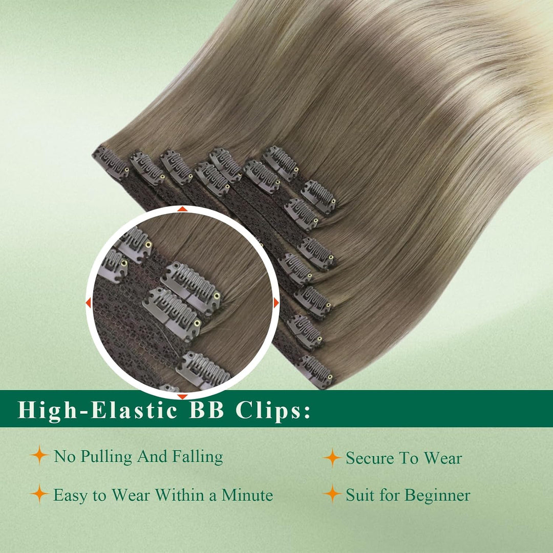 Easyouth Ombre Clip Extensions Echthaar Blond Clip in Haar Extensions Ash Brown Mix Platinblond 18 Z