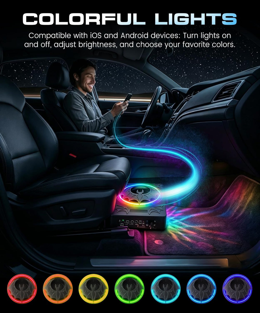 VECHTEL Ultra Flacher Auto Subwoofer 7cm Untersitz, Aktiver Subwoofer 1200W Spitzenleistung mit 360°