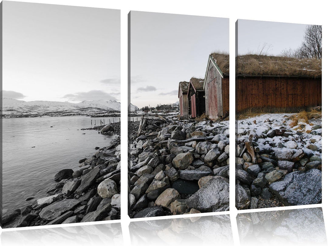 Pixxprint Küste der norwegischen See Tromso / 3-Teilig/Gesamtmass 120cm Leinwandbild bespannt auf Ho
