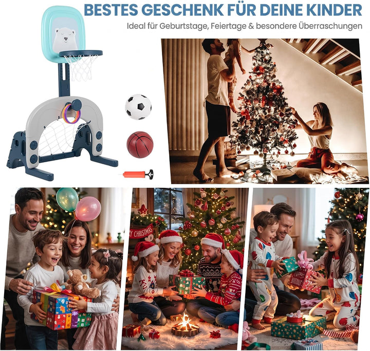 3-in-1 Basketballkorb-Set für Kinder, höhenverstellbares Sportaktivitätscenter mit Basketball, Fussb