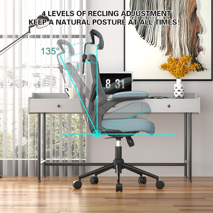 CYKOV Bürostuhl Ergonomisch, PC Stuhl mit Verstellbarer Kopfstütze &amp; Klappbaren Armlehnen, Schreibti