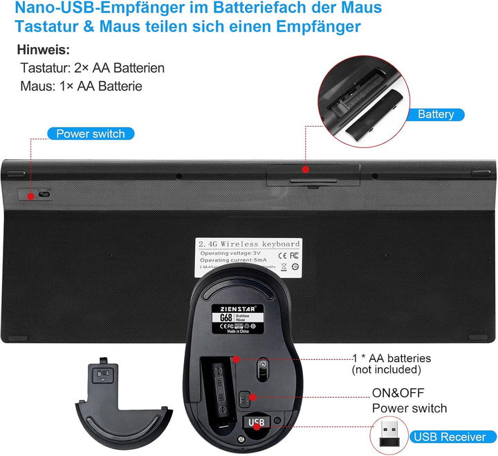 Kabellose Tastatur und Maus Set mit Grossen Buchstaben (Deutsches QWERTZ) für Senioren & Sehbehinder