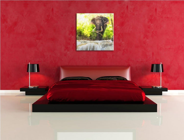 riesiger Elefant am Bach, Format: 70x70 auf Leinwand, XXL riesige Bilder fertig gerahmt mit Keilrahm