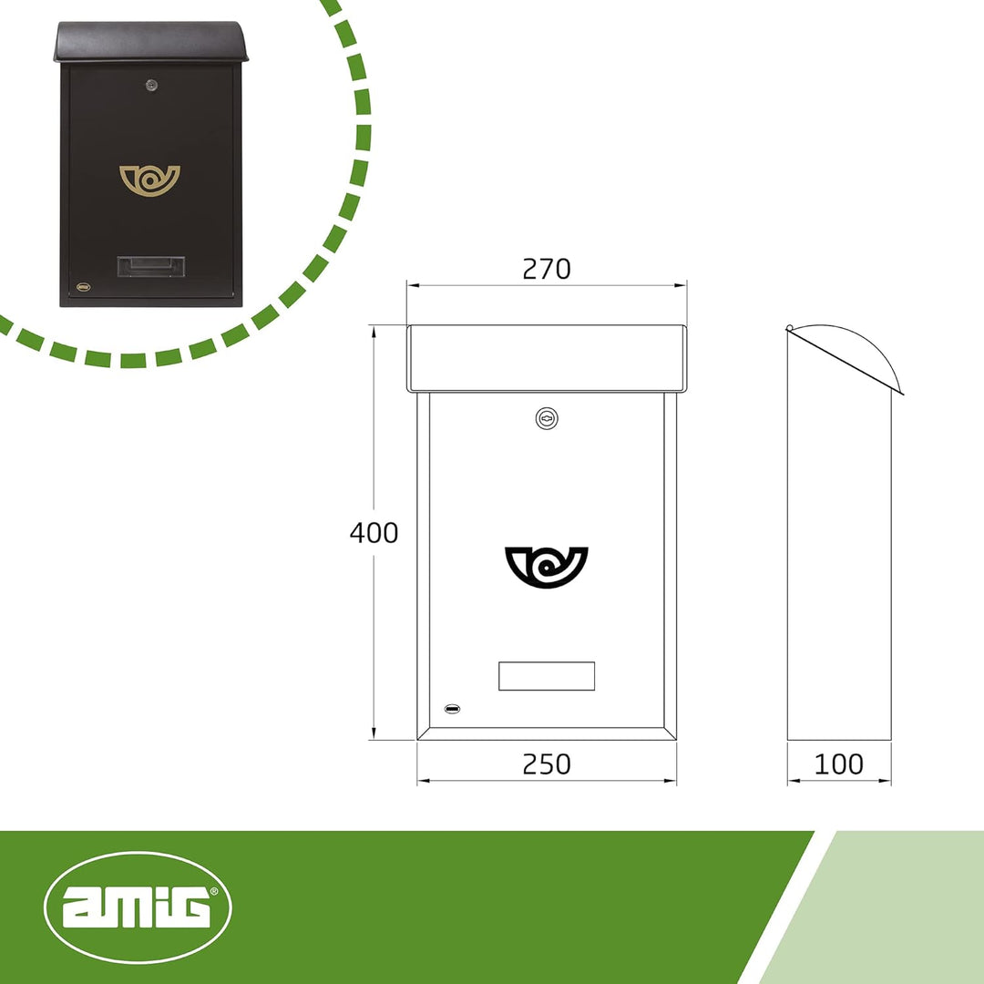 Amig - Aussenbriefkasten, Briefkasten für den Aussenbereich | Briefkasten für Wände, Mauern oder Tür