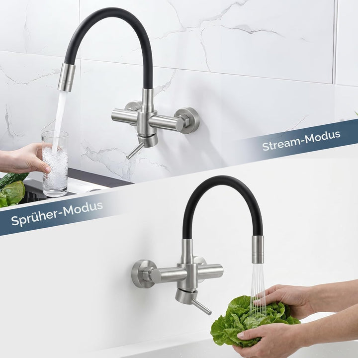HURRAN Wasserhahn Wandmontage, 360° Schwenkbare Küchenarmatur mit Silikonschlauch, Einhebelmischer a
