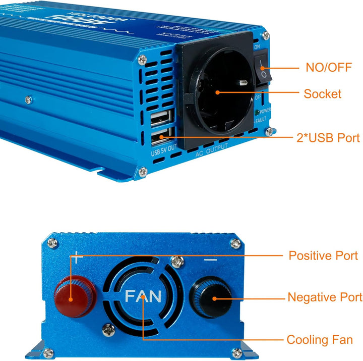 Yinleader Wechselrichter 1000W /2000W 12V 230V Reiner Sinus Spannungswandler mit 1 Steckdose 2 USB A