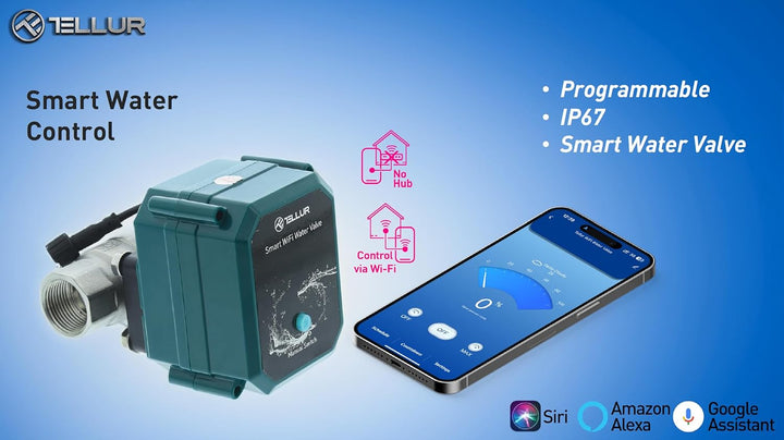 TELLUR SMART Wlan Wasserelektroventil, Sicherheitsmagnetventil, Telefon-App, Sprachsteuerung mit Ale
