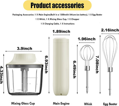 Elektrischer Rührgerät Handmixer Set: Kabelloses Handrührgerät mit Edelstahl-Schneebesen, Multizerkl