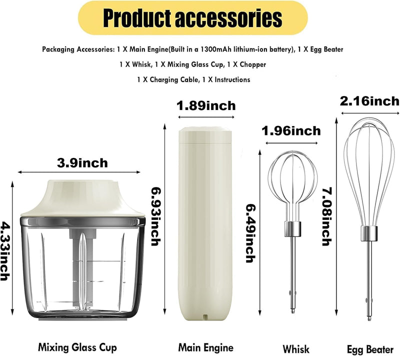 Elektrischer Rührgerät Handmixer Set: Kabelloses Handrührgerät mit Edelstahl-Schneebesen, Multizerkl