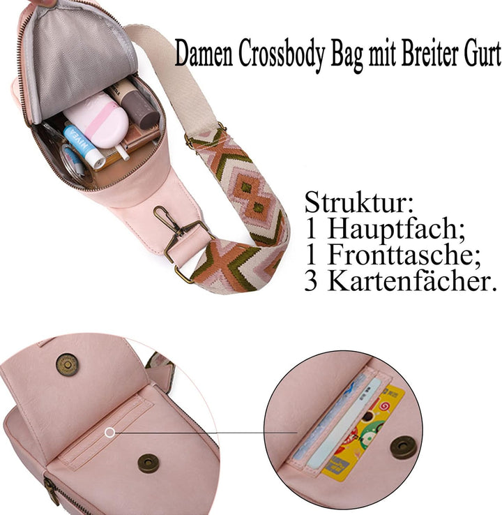 HAWILL Damen Crossbody Bag mit Breiter Gurt Klein Umhängetasche Leder Brusttasche Vintage Schulterta