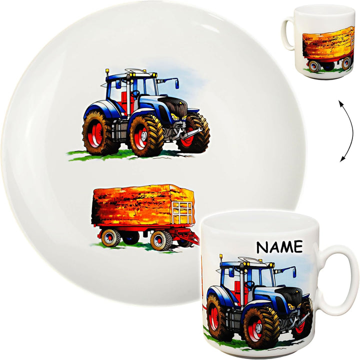 alles-meine.de GmbH 2 TLG. Set grosser Teller/Kinderteller + Henkeltasse - Traktor - Trecker mit Anh