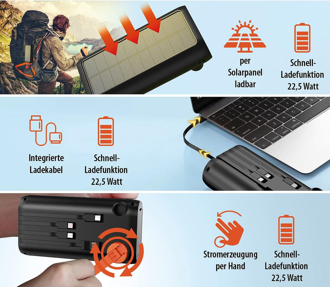 revolt Dynamo Solar Akkupack: Kurbel-Dynamo-Solar-Powerbank, 30.000 mAh, PD 20 W, Super Charge, LED