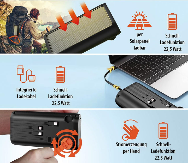 revolt Dynamo Solar Akkupack: Kurbel-Dynamo-Solar-Powerbank, 30.000 mAh, PD 20 W, Super Charge, LED