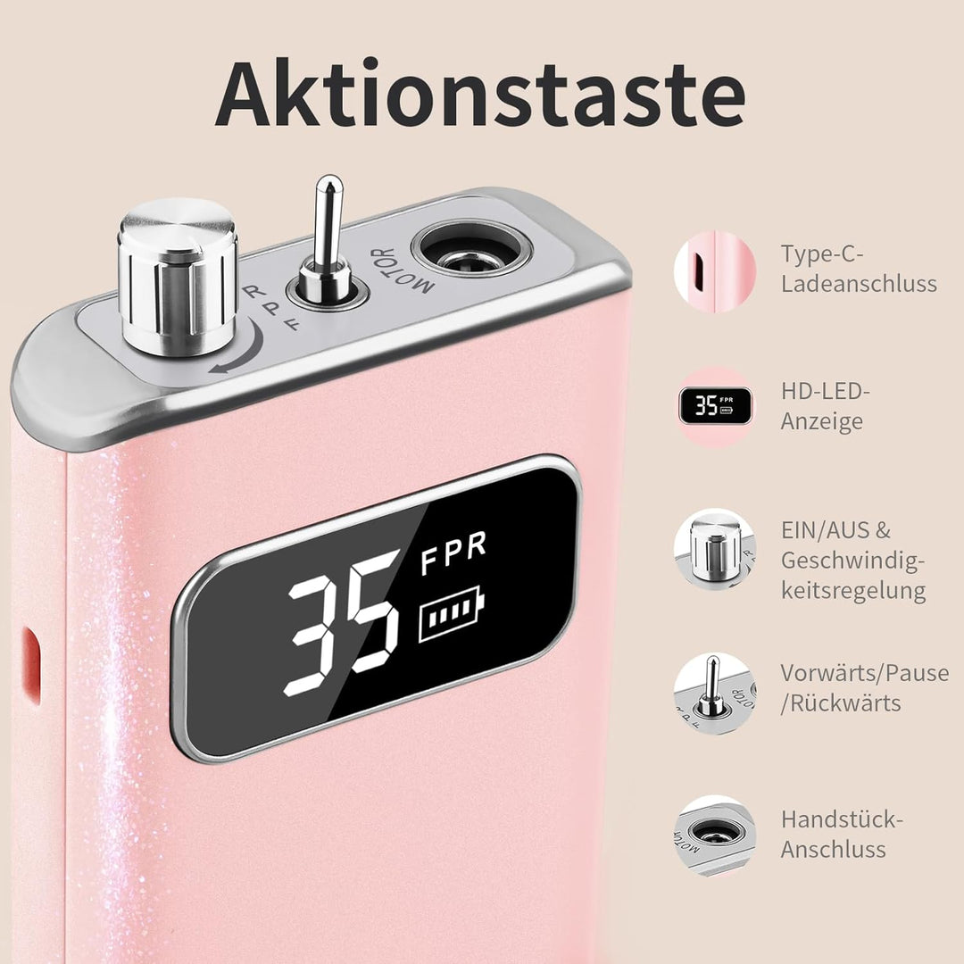Nagelfräser, Wiederaufladbare Professionelle Elektrische Nagelfeile 35000 U/min, Nagelfräser mit akk