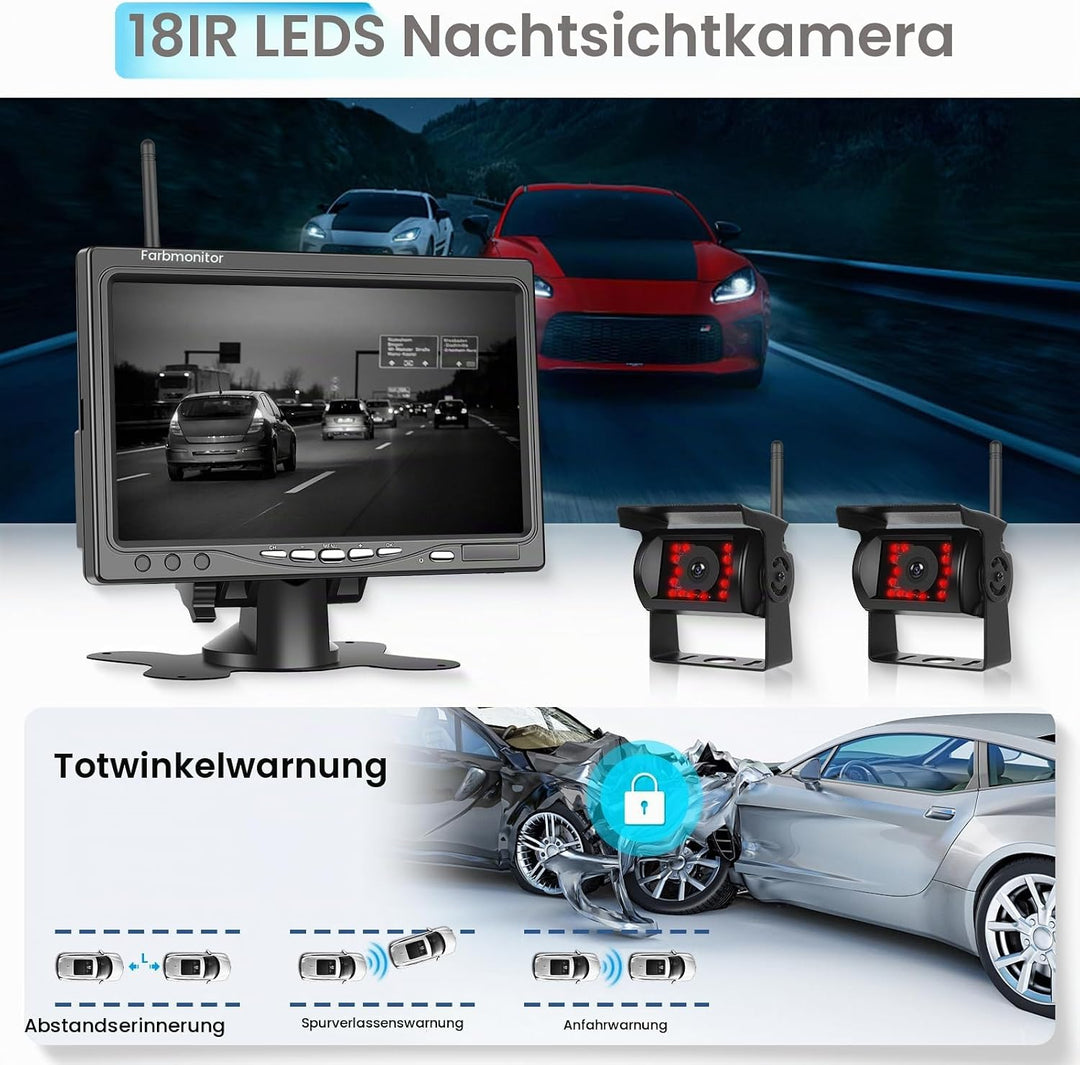 Drahtloses Rückfahrkamera Set mit 7-Zoll Monitor, 2 rückfahrkamera IP68 wasserdichte IR-Nachtsicht W