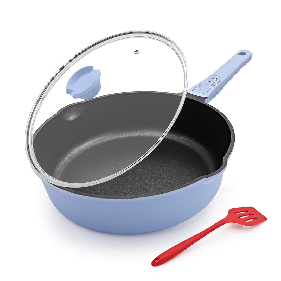 Pfanne 24cm mit Deckel, Aluminium Bratpfanne Hoher Rand mit Abnehmbarer Griff, Schmorpfanne 24 cm fü