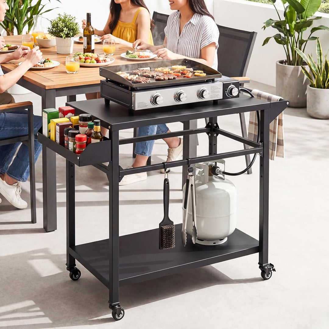 COSTWAY Grillwagen Outdoor, Grilltisch auf Rollen, Pizzatisch mit 2 Ablagen, Griff & Gewürzregal, Se