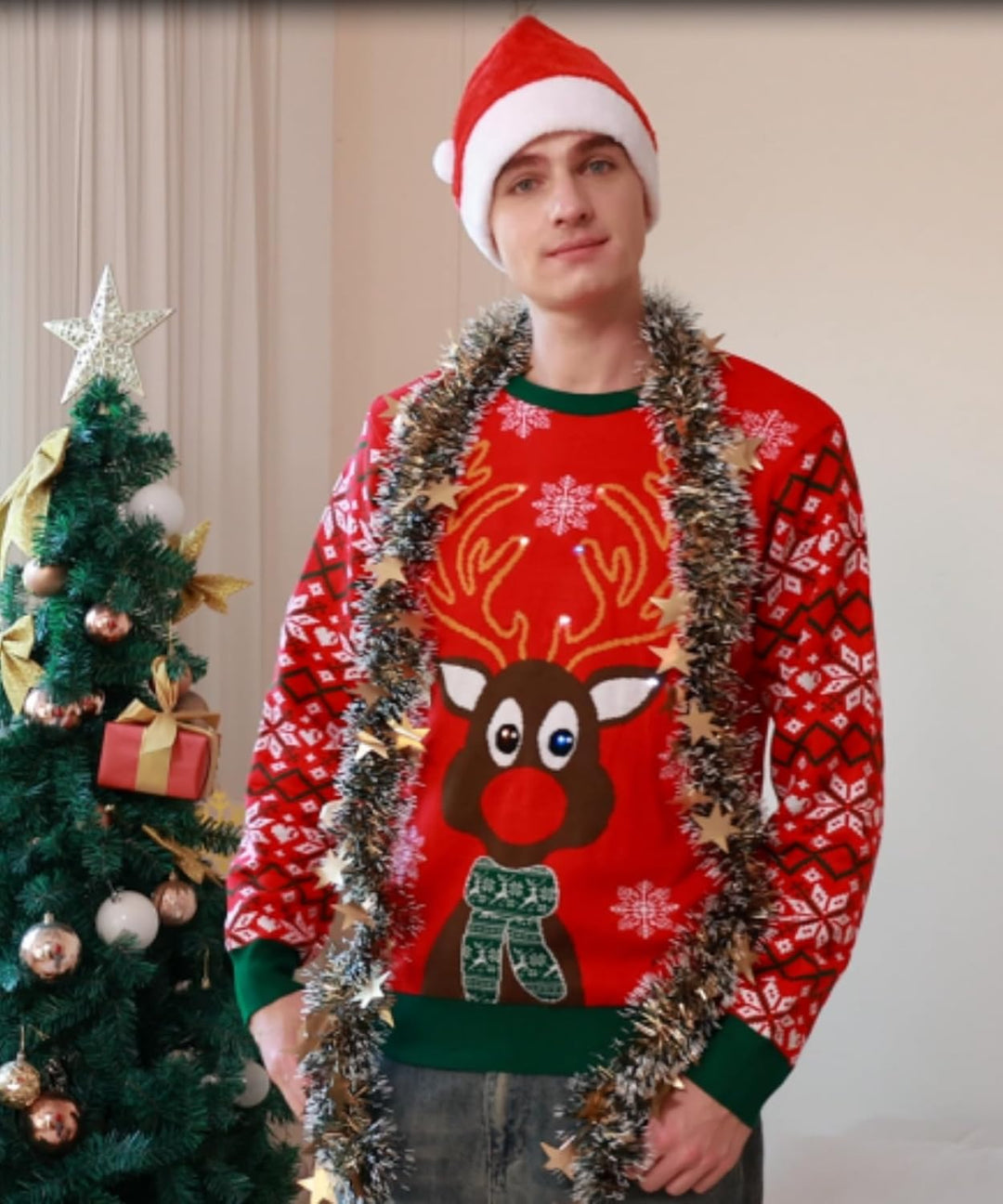 Belovecol Unisex Weihnachtspullover LED Ugly Christmas Sweater Pullover Langarm Strickpullover M Red