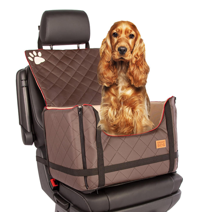 Golden Dog - Transportbox Hund mit Sicherheitsgurt L-65x53x27 cm - Leder Imitation Autositz Hund, Wa