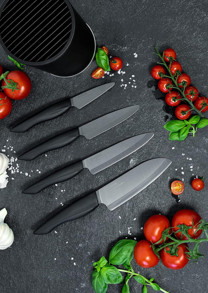 Kyocera Soft-Touch Messerblock Schwarz | 4 SHIN Keramik Messer | Santoku, Universalmesser, Gemüsemes