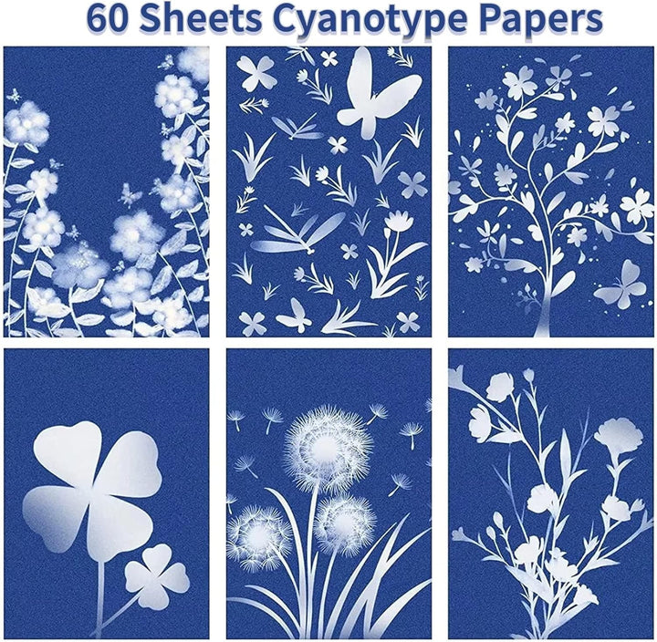 runrayay 60 Blatt Sun Print Cyanotype Papier, A6 Solar Zeichnung Papier Empfindlichkeit Natur Drucke