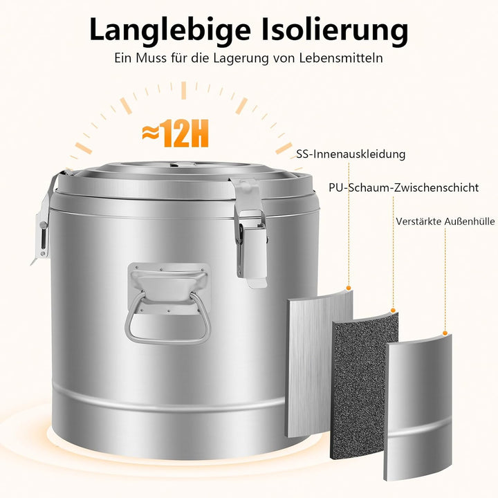 Thermobehälter, 10L Edelstahl Isoliert Eimer, Versiegelter isolierter Suppenbehälter mit Deckel und