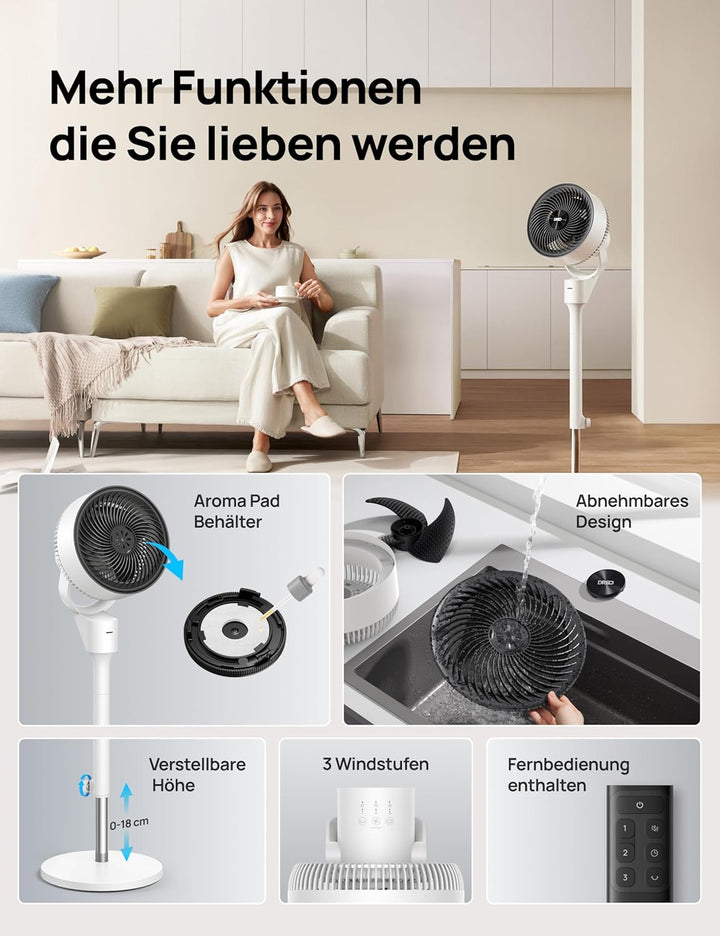 DREO Ventilator für Schlafzimmer, 80° oszillierender Standventilator, 20dB leise, 24m Reichweite, 90