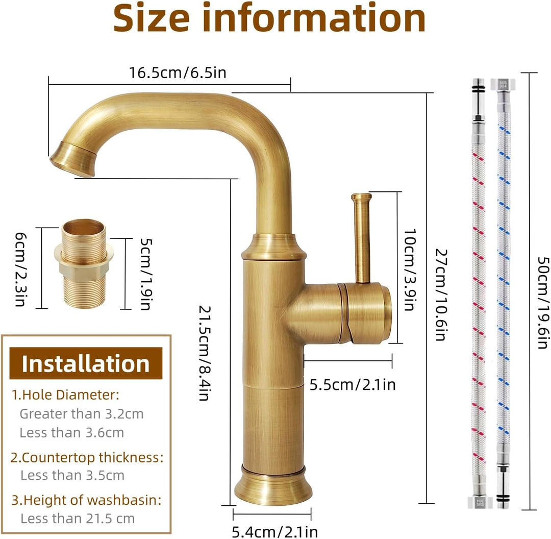 Wasserhahn Bad Antik Messing, Waschtischarmatur Hoch 360° Drehbar, Einhebel Mischbatterie Badarmatur