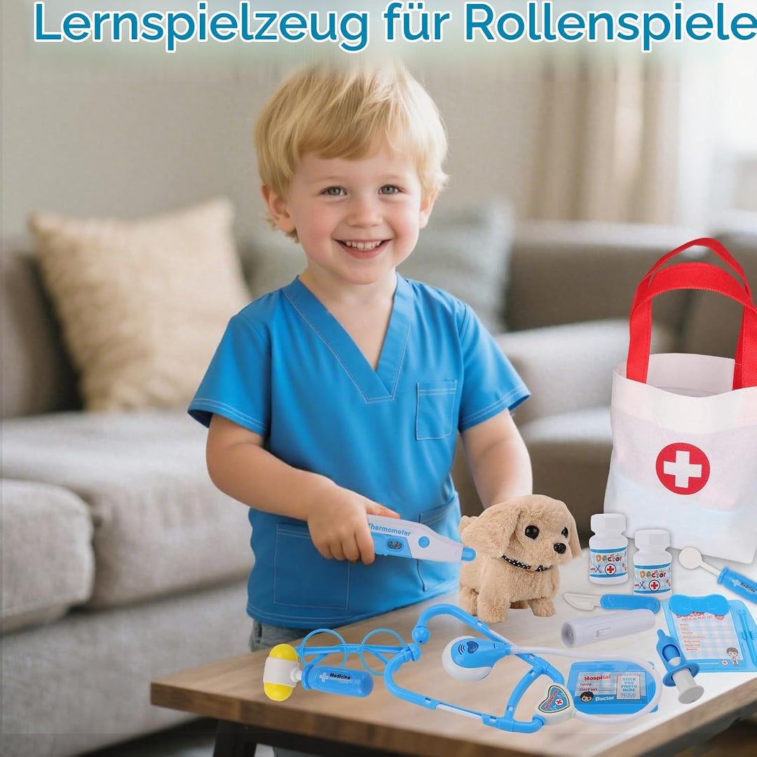 TEUVO Tierarzt Spielzeug Arztkoffer Kinder ab 3 Jahre, mit Hunde Spielzeug, Arztkittel Rollenspiel T
