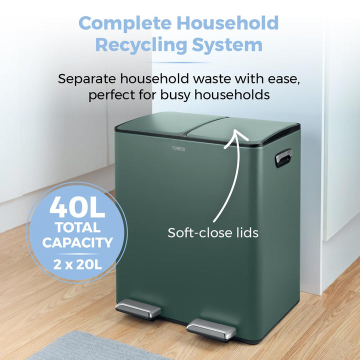 Tower T838022FOR Recycling-Treteimer, zwei 20-Liter-Fächer mit herausnehmbaren Inneneimern, Körper a