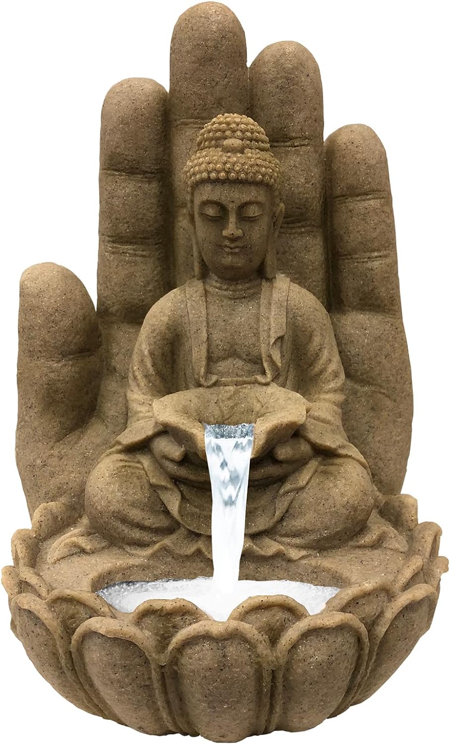 Brunnen Buddha Calm Sandstein-Optik, aus Polyresin inkl. Pumpe und LED | Deko-Wasserbrunnen für Gart