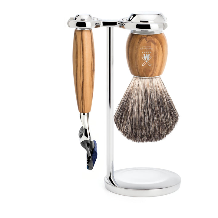 MÜHLE Vivo Rasierset - Rasierer kompatibel mit Gillette-Klingen, Rasierpinsel reines Dachshaar, Halt