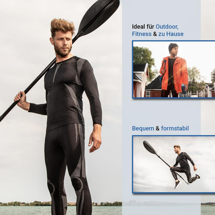 Celodoro Herren Thermo Unterwäsche Set seamless Funktionswäsche schnelltrocknend S-M Schwarz / Grau,