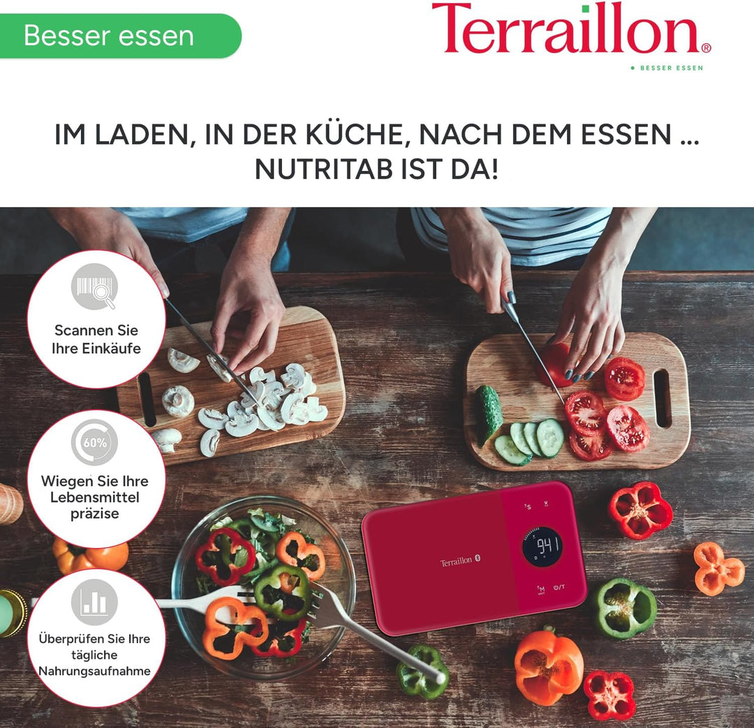 Terraillon Küchenwaage, Mit Smartphone/Tablet verbindbar, Berechnung der Energieaufnahme, Mit Tara-F