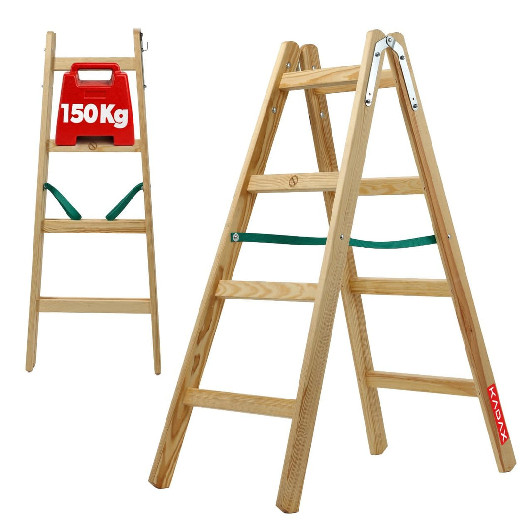 KADAX Holzleiter, Bockleiter bis 150 kg, klappbare Malerleiter, Doppelstufenleiter mit Stahlhaken, E