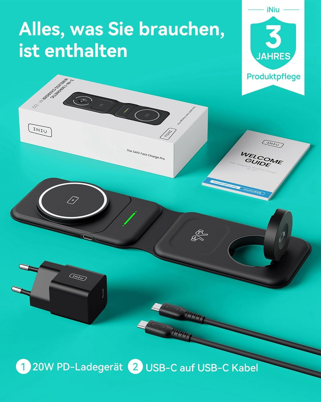 INIU 3 in 1 Wireless Charger Station, Magnetischer Qi Zertifiziert Induktive Ladestation Pad Kabello