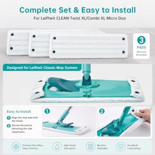 3 Ersatz-Wischbezüge für Leifheit CLEAN Twist XL, Bodenwischer Ersatzbezug für Combi XL Micro Duo, F