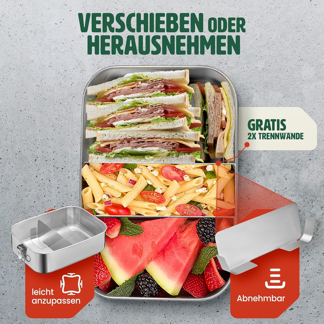 LINFELDT® Brotdose Edelstahl mit Fächern 1400ML - TOP EDELSTAHL BROTDOSE | Lunchbox Edelstahl - Brot