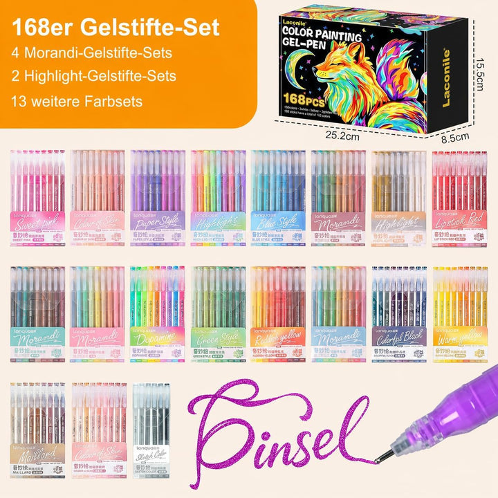Laconile 168 Farben Glitzerstifte Gel – 0,6mm Feine Spitze Gel Pens Set & Gelstifte Set – Glitzer Ge